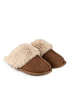 TOTES Isotoner Ladies Mule Slipper With Fur Cuff - Light Brown