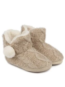 Totes 36 TOTES Cable Knit Boot Slippers - Cream